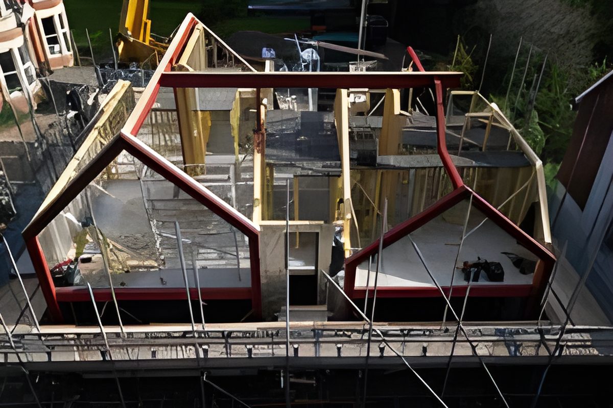 Aerial view of the steel A frames and cut roof timbers forming the gables