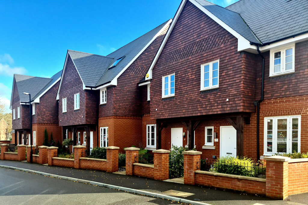 Timber framed housing Merronbrook South East England Shows timber frame housing which has many benefits for construction and the environment in the UK.
