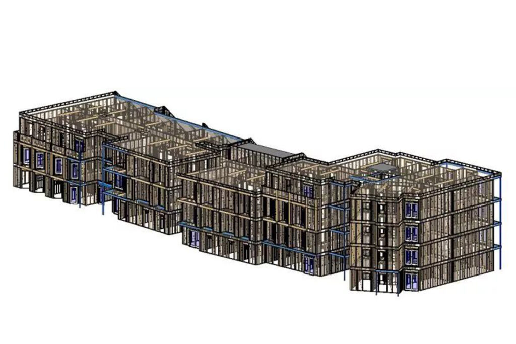 A diagram of a timber frame construction rendered in advanced CAD by Merronbrook timber engineering UK