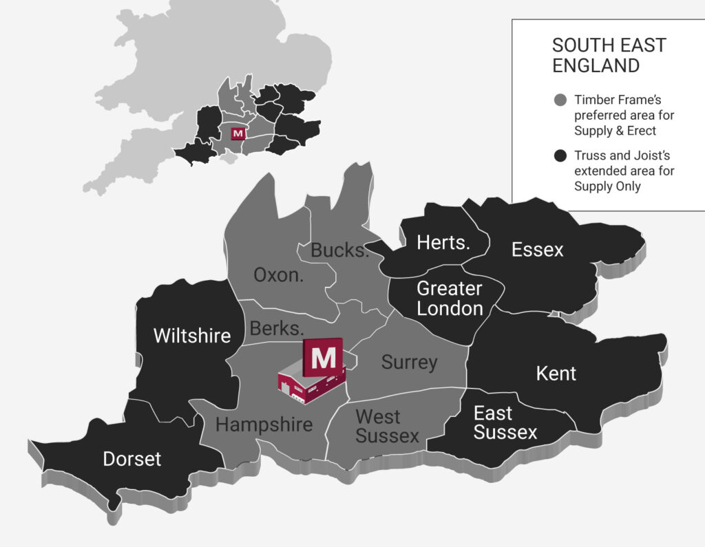 Delivery areas for Merronbrook UK timber frame Hampshire, Surrey, West Sussex, Berkshire, Oxfordshire and Buckinghamshire